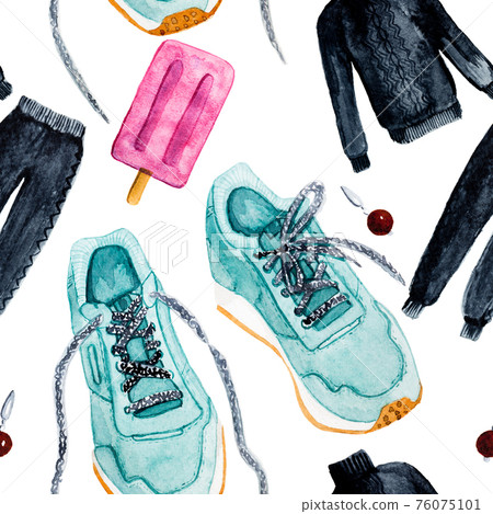 seamless pattern Sports mint shoes sneakers and sports suit with icecream watercolor style illustration isolated on white background 76075101