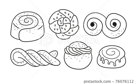 Cinnamon rolls with sugar. Set of swirl buns. Hand drawn isolated vector illustration 76076112