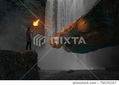 Concept of confidence - Man facing a dragon Concept of confidence - Man facing a dragon 76076267