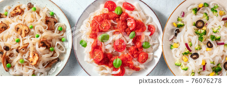 Konjac pasta panorama. Fettuccine with various vegetable toppings Konjac pasta panorama. Fettuccine with various vegetable toppings 76076278