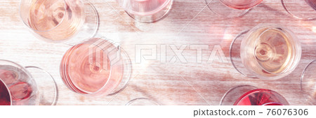 Wine panorama with copy space. Various glasses of wine Wine panorama with copy space. Various glasses of wine 76076306