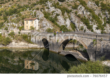 Lake San Domenico with Eremo di San Domenico near Scanno, Province of L'Aquila, region of Abruzzo, Italy 76076457