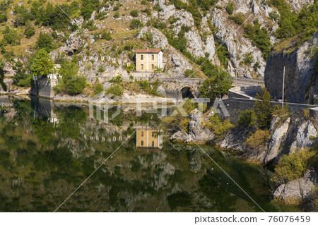 Lake San Domenico with Eremo di San Domenico near Scanno, Province of L'Aquila, region of Abruzzo, Italy 76076459