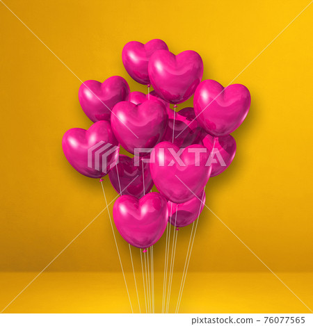 Pink heart shape balloons bunch on a yellow wall background Pink heart shape balloons bunch on a yellow wall background 76077565