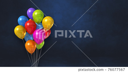 Colorful balloons bunch on a black wall background. Horizontal banner. Colorful balloons bunch on a black wall background. Horizontal banner. 76077567