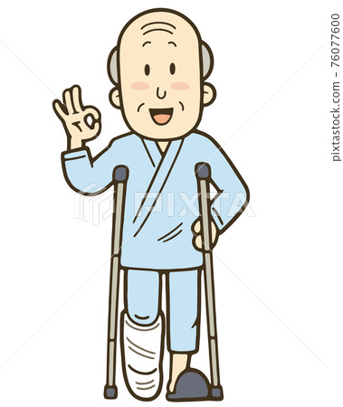 Illustration of a smiling senior man with a broken leg and a crutch Illustration of a smiling senior man with a broken leg and a crutch 76077600