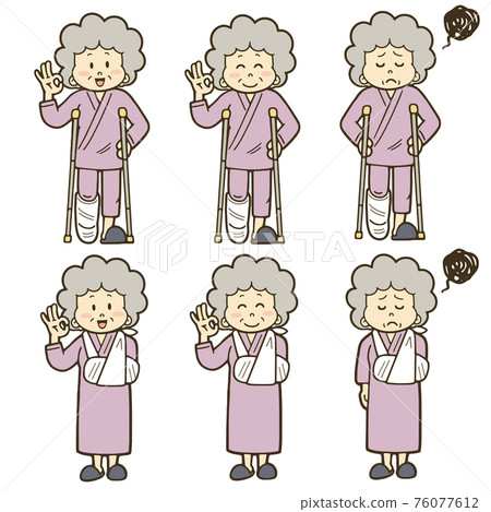 Illustration set of senior women hospitalized for fractures Illustration set of senior women hospitalized for fractures 76077612