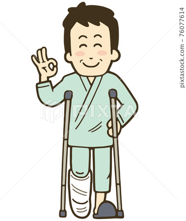 Illustration of a smiling middle-aged man with a broken leg and a crutch Illustration of a smiling middle-aged man with a broken leg and a crutch 76077614