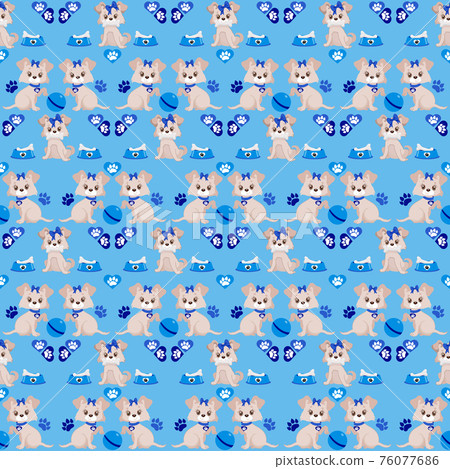 Dog pattern vector. Dog bowl, bone and paw marks 76077686