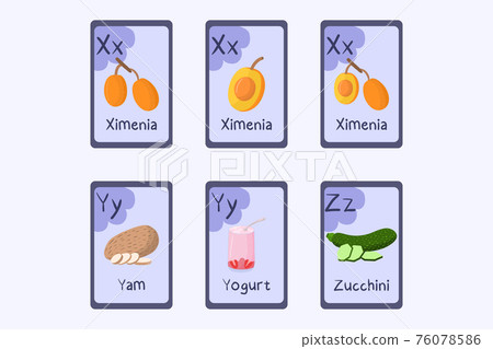 Colorful alphabet flashcard Letters X,Y, Z - ximenia, yam, yogurt, zucchini. 76078586