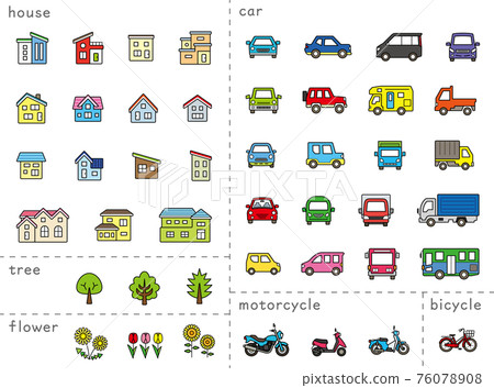 House, car, motorcycle and plant icon set (color on unexpanded line drawing) classification version 76078908