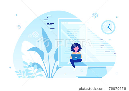 Programmer specialist sitting on big computer screen and working Programmer specialist sitting on big computer screen and working 76079656