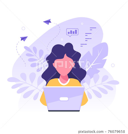 Young caucasian woman working on laptop, flat design vector 76079658