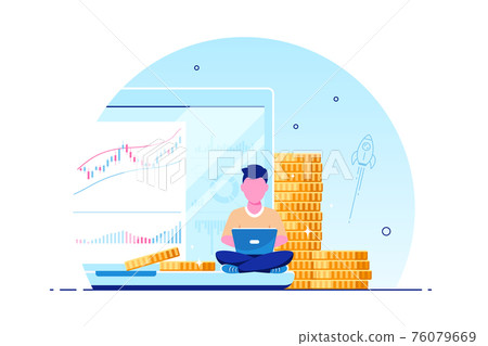Young man with laptop against computer screen and stacks of coins Young man with laptop against computer screen and stacks of coins 76079669
