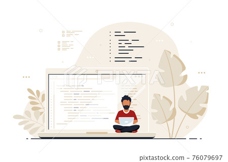Programmer specialist sitting on the big laptop and working Programmer specialist sitting on the big laptop and working 76079697
