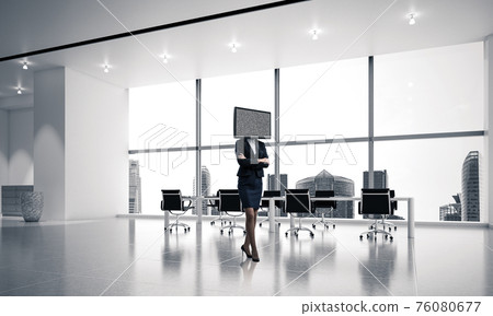 Business woman with TV instead of head. Business woman with TV instead of head. 76080677