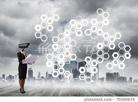 Concept of security and privacy protection with camera headed woman Concept of security and privacy protection with camera headed woman 76080678