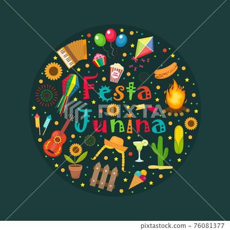 Festa Junina set of icons in a round shape. Brazilian Latin American festival collection of design elements with traditional symbols. Vector illustration 76081377