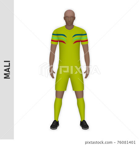 3D realistic soccer player mockup. Mali Football Team Kit templa 3D realistic soccer player mockup. Mali Football Team Kit templa 76081401