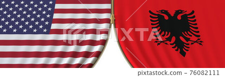 Flags of United States and Albania and closing or opening zipper between them. Political negotiations or interaction conceptual 3D rendering Flags of United States and Albania and closing or opening zipper between them. Political negotiations or interaction conceptual 3D rendering 76082111
