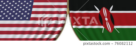 United States and Kenya cooperation or conflict, flags and closing or opening zipper between them. Conceptual 3D rendering United States and Kenya cooperation or conflict, flags and closing or opening zipper between them. Conceptual 3D rendering 76082112