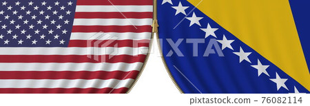 United States and Bosnia cooperation or conflict, flags and closing or opening zipper between them. Conceptual 3D rendering United States and Bosnia cooperation or conflict, flags and closing or opening zipper between them. Conceptual 3D rendering 76082114