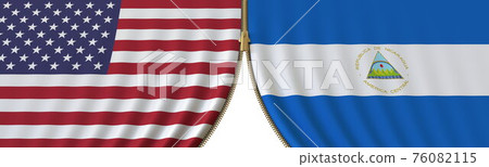 United States and Nicaragua political cooperation or conflict, flags and closing or opening zipper, conceptual 3D rendering United States and Nicaragua political cooperation or conflict, flags and closing or opening zipper, conceptual 3D rendering 76082115
