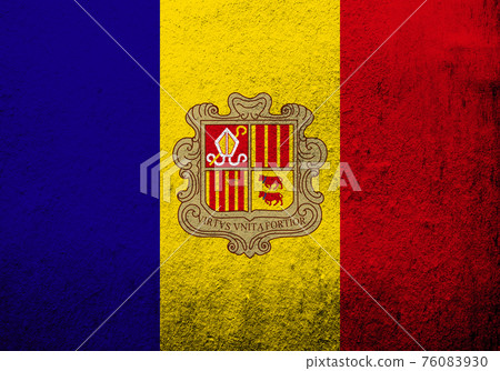 The Principality of the Valley of Andorra national flag with coat of arms. Grunge background The Principality of the Valley of Andorra national flag with coat of arms. Grunge background 76083930
