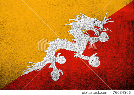 Kingdom of Bhutan National flag with Druk. Grunge background 76084566