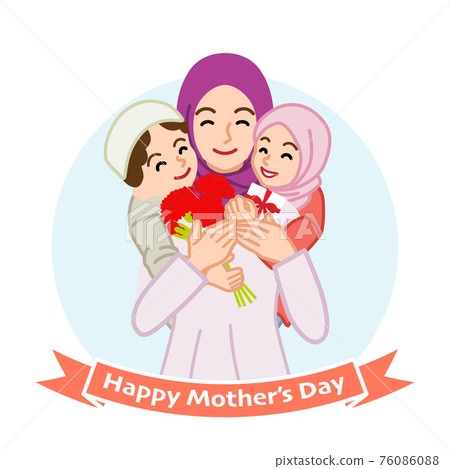 Mother Muslim Embracing Two Children-Mother's Day Concept Illustration 76086088