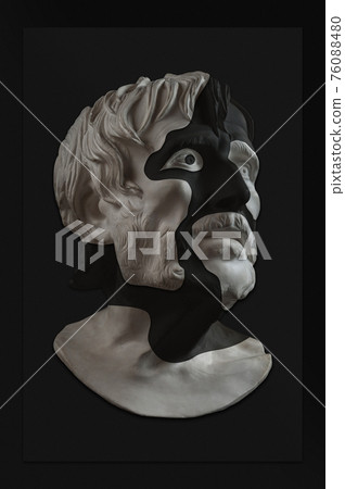 Collage with plaster antique sculpture of human face in a pop art style. Creative concept image with ancient statue head in black and white. Zine culture. Contemporary art style poster. Seneca bust. Collage with plaster antique sculpture of human face in a pop art style. Creative concept image with ancient statue head in black and white. Zine culture. Contemporary art style poster. Seneca bust. 76088480