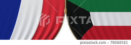 Flags of France and Kuwait and closing or opening zipper between them. Political negotiations or interaction conceptual 3D rendering 76088581