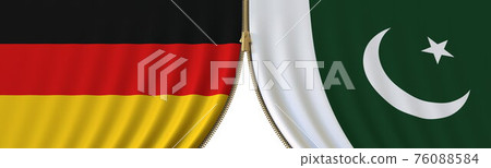 Germany and Pakistan cooperation or conflict, flags and closing or opening zipper between them. Conceptual 3D rendering Germany and Pakistan cooperation or conflict, flags and closing or opening zipper between them. Conceptual 3D rendering 76088584