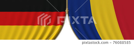 Germany and Romania cooperation or conflict, flags and closing or opening zipper between them. Conceptual 3D rendering Germany and Romania cooperation or conflict, flags and closing or opening zipper between them. Conceptual 3D rendering 76088585