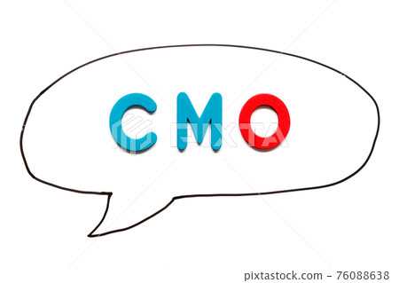 Alphabet letter with word CMO (Abbreviation of Chief Marketing Officer, Contract Manufacturing Organization) in black line hand drawing as bubble speech on white board background 76088638