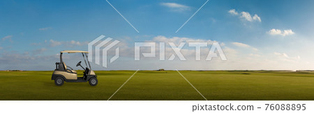 landscape with green golf course and electric vehicle car landscape with green golf course and electric vehicle car 76088895