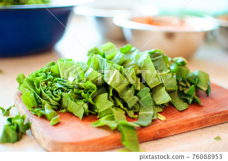 Young green sorrel sliced for borscht and salad lies on a cutting board, rustic style, in the morning in the sunlight. Copy space. Young green sorrel sliced for borscht and salad lies on a cutting board, rustic style, in the morning in the sunlight. Copy space. 76088953