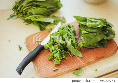 A young green sorrel sliced for borsch and salad lies on a cutting board, next to it lies a knife, rustic style, in the morning in the sunlight. Copy space. 76088973