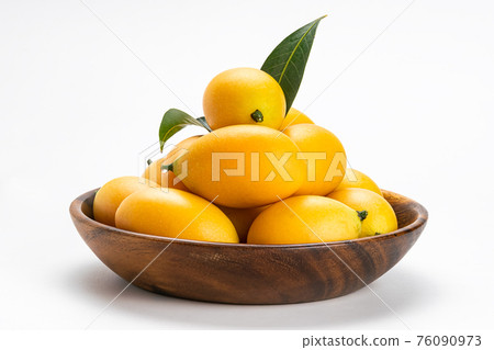 Side view of freshly harvested ripe Marian Plum fruit in wooden bowl. Side view of freshly harvested ripe Marian Plum fruit in wooden bowl. 76090973