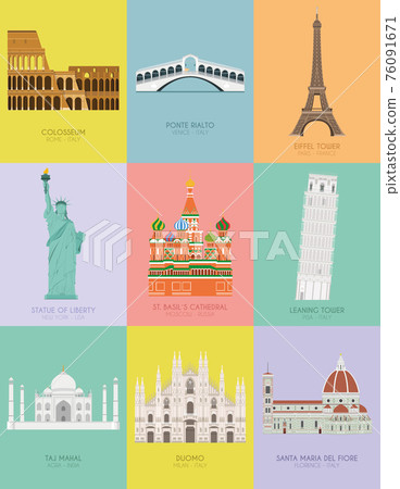 Modern design poster with colorful background of nine important monuments of the world Vector illustration Modern design poster with colorful background of nine important monuments of the world Vector illustration 76091671