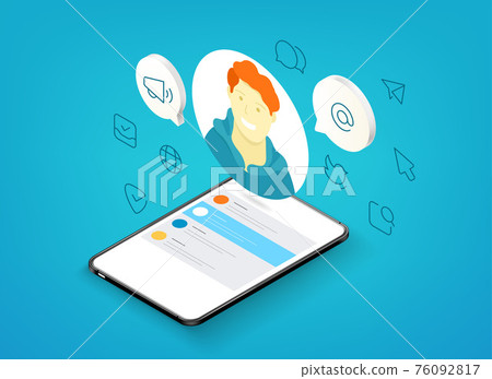 Social media technologies concept. Man speaking via modern gadget Social media technologies concept. Man speaking via modern gadget 76092817