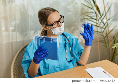 Close up portrait of Caucasian female doctor immunologist in cabinet in hospital Close up portrait of Caucasian female doctor immunologist in cabinet in hospital 76093812