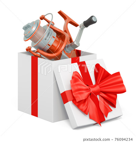 Spinning reel inside gift box, present concept. 3D rendering Spinning reel inside gift box, present concept. 3D rendering 76094234