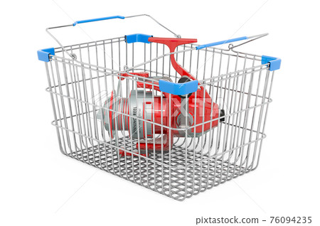 Shopping basket with spinning reel. 3D rendering Shopping basket with spinning reel. 3D rendering 76094235