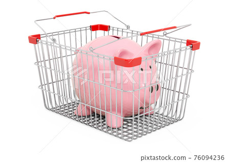 Shopping basket with piggy bank. 3D rendering 76094236