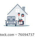 Insurance Home House Life Car Protection. Protect Concepts. Family infront of House with Car. 76094737