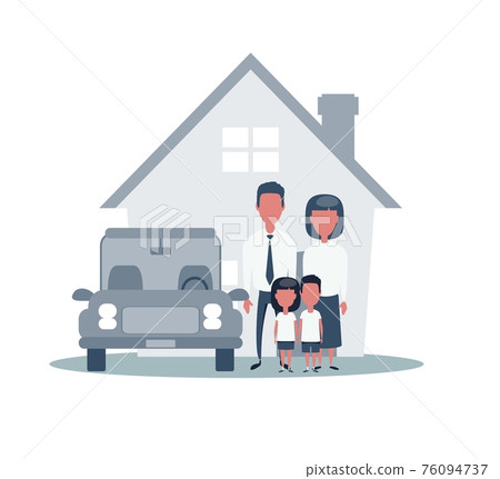 Insurance Home House Life Car Protection. Protect Concepts. Family infront of House with Car. 76094737
