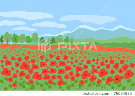Red poppy flowers field beautiful natural landscape of French Provence, scenery bright background with forest, mountains on a sunny summer day 76094880