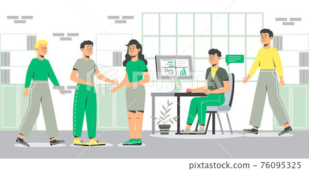 Coworkers are working. Business meeting collaboration. Office is open. Successful teamwork concept vector. Employee is sitting at the table. Brainstorming is up. Business partnership 76095325