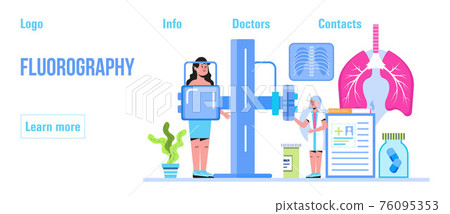 Fluorography concept vector. Tuberculosis specialist concept vector. Pulmonary fibrosis, pleurisy, tuberculosis, pneumonia illustration for website, header. Lung diagnosis x-ray machine. 76095353